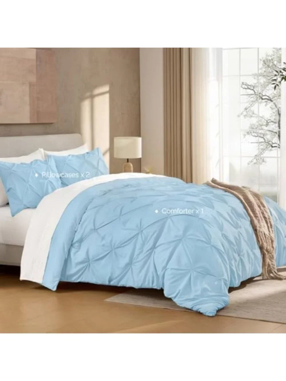 Light Blue Queen Comforter Set - 3 Piece Pinch Pleat Bedding for Cozy Home Decor
